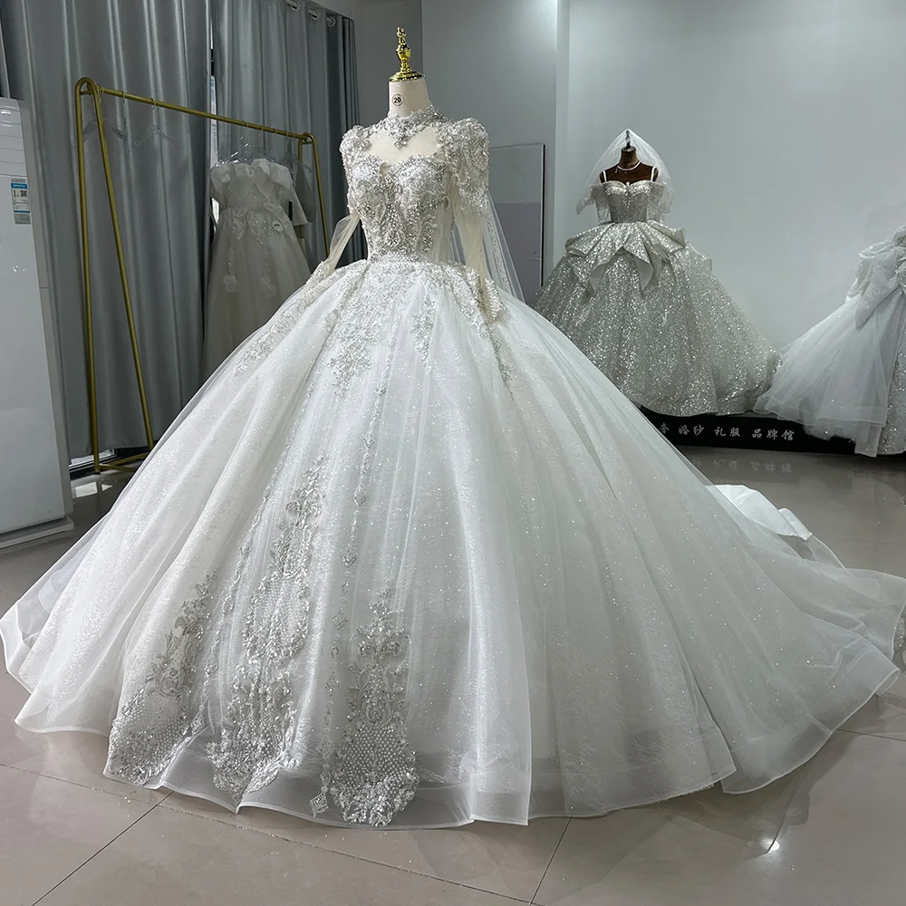 White Ball Gown Princess Wedding Dresses O Neck Long Sleeves Vestido De  Novia Lace Sequined Xs060