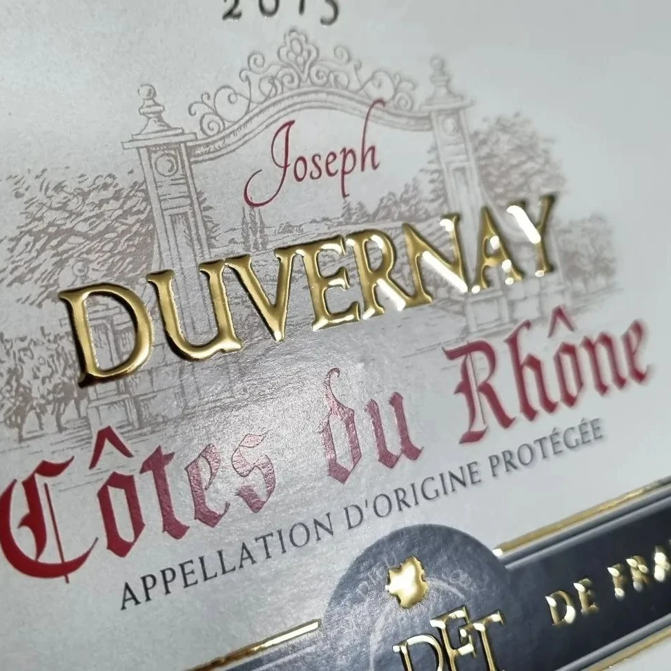 Custom Packaging Label 3D Varnish Textured Gold Foil Raised Logo Spot UV Sticker Champagne Wine Digital Printing Bottle Labels