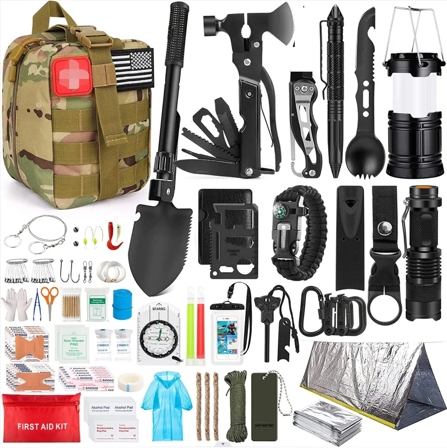 OEM Molle System Compatible 250pcs Camping Survival Gear Emergency Survival Kit First Aid Kit with Tent Metal Hammer Shovel manufacture