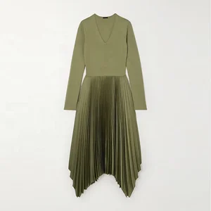 Clothing Manufacturer Custom Spring Autumn Green v Neck Long Sleeve Asymmetric Knit Pleated Women Dress