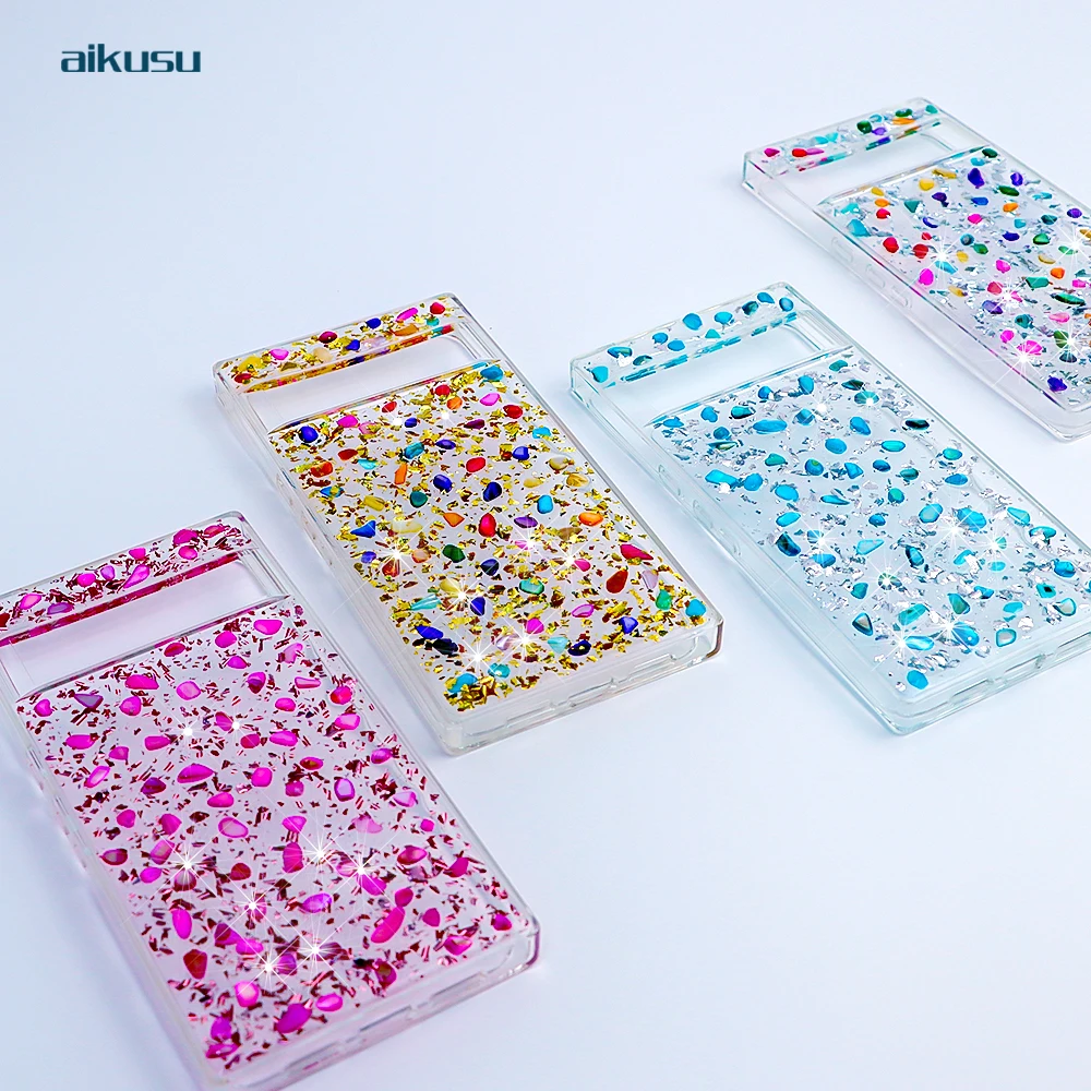 Aikusu Resin Epoxy Case for Google Pixel 8 7a 6a Gold TPU PC Phone Case for Google Pixel 8 Pro Shock Mobile Case