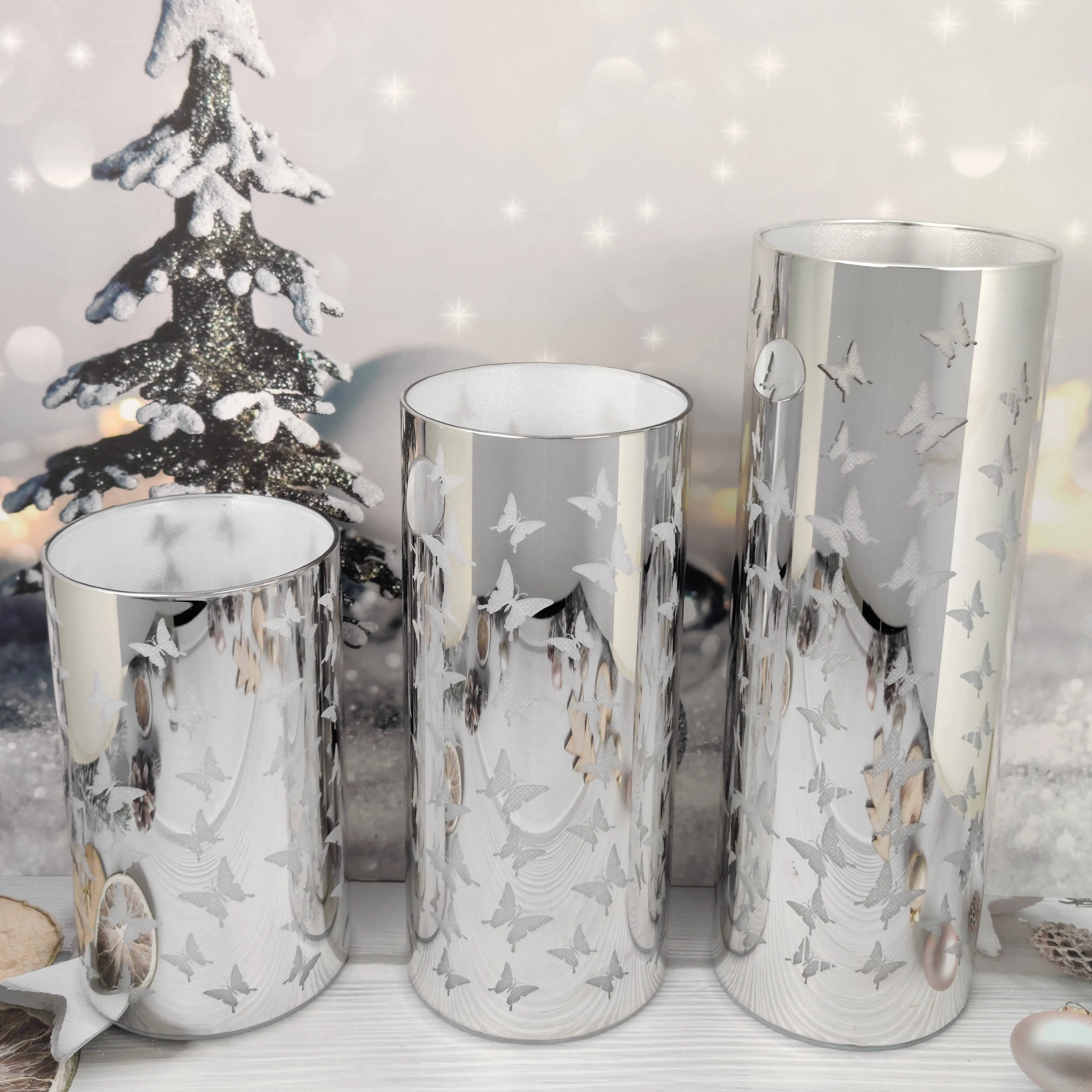 Battery operated led light up glass Christmas cylinder hurricane table decoration setting ideas details