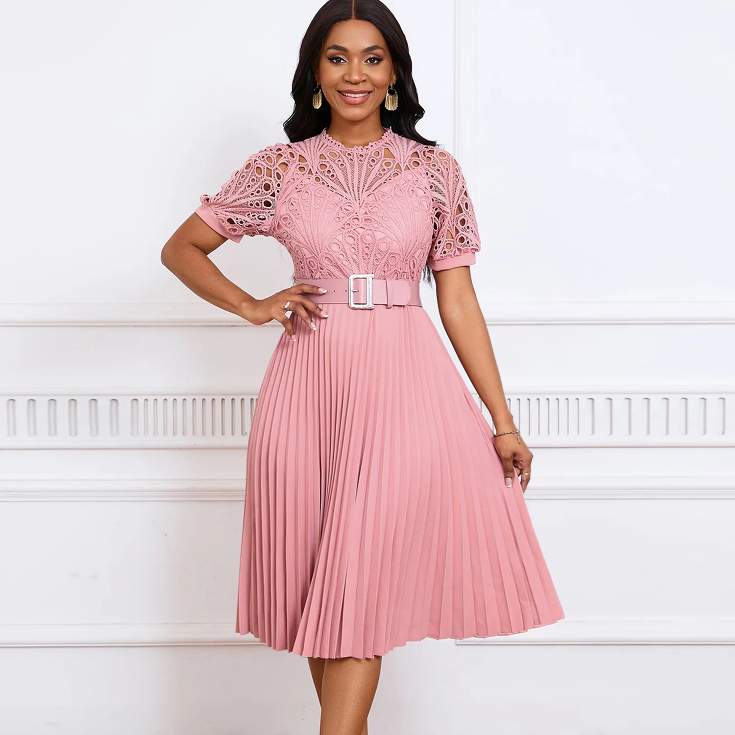 chinese dress ladies Lace Spliced Tie Front Floral Print Maxi Dress, Pink / Xs