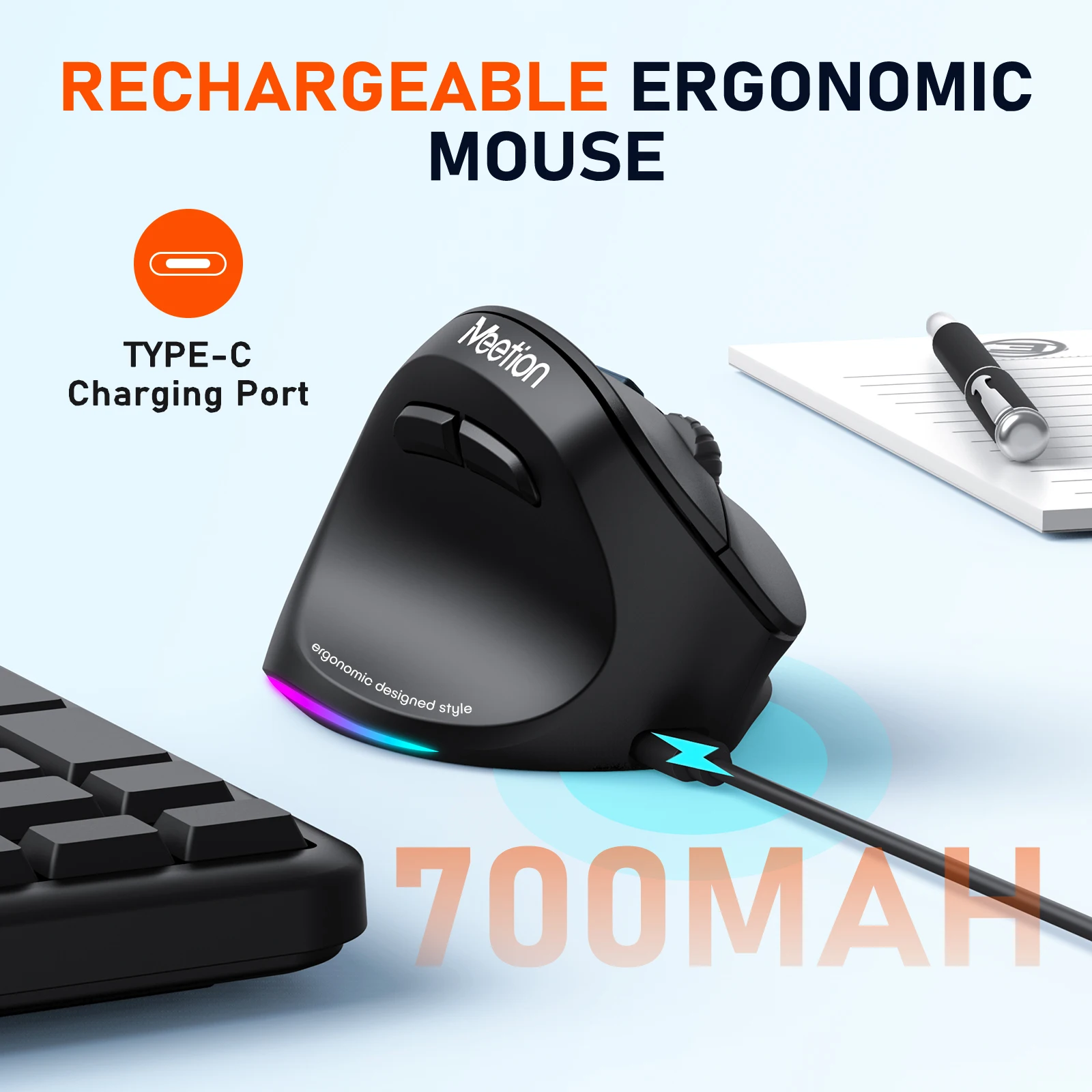 Meetion BTM010L Left Handed Ergonomic Wireless And Bluetooth Dual Mode Rechargeable Mouse