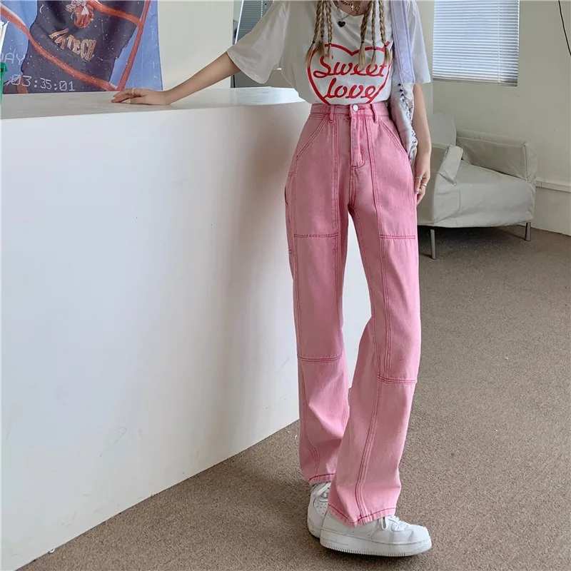 Hot Pink Pants Jeans Y2k Baggy Women Straight Leg Denim Streetwear High  Waist Women's Loose Pants Clothing Fashion 2022 - Jeans - AliExpress