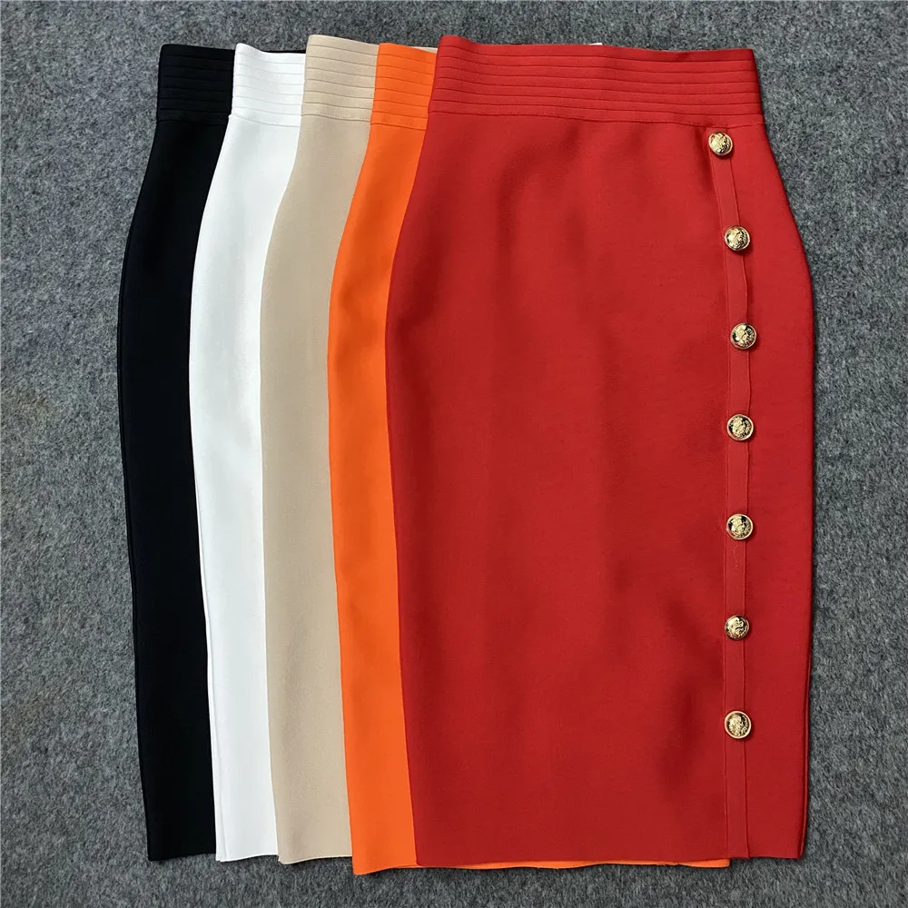 2022 Été Élégant Midi Jupe Crayon Taille Haute Longue Jupe À Bandage Bouton Élastique Vêtements Moulante Jupes À Bandage for119769293_voghion.com