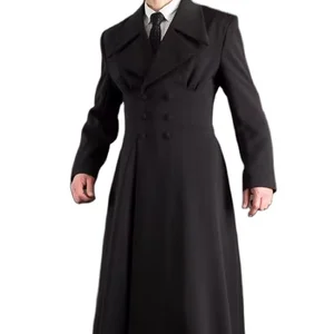 Latest Design High Quality Black Color Men's Long Woolen Trench Overcoat Winter Coat Wool Men Double Breasted Waistband Overcoat