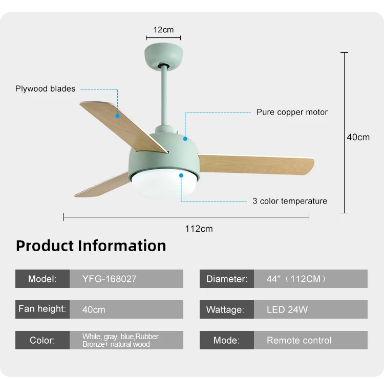 Remote Control AC Cooper Silicon Steel Motor 44inch 3 Leaf Plywood Blades Led Ceiling Fans