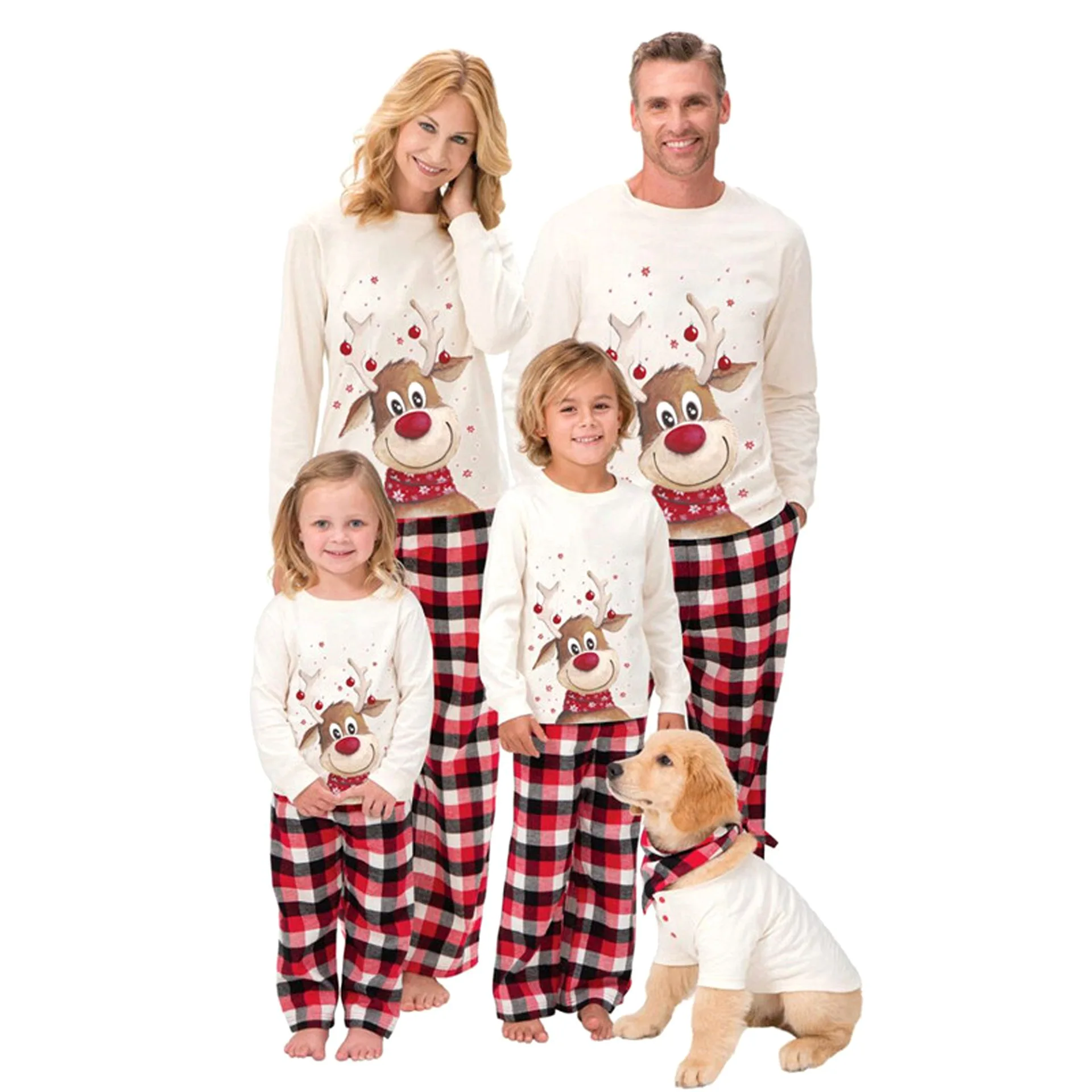 Christmss elk print two pieces Parent child  frosted pajamas classic check  pants set