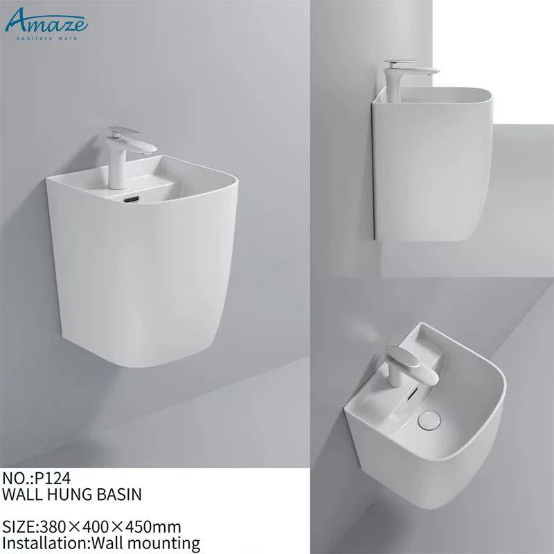 European style square modern design bathroom wall mount ceramic sanitary ware wash basin wall hung basin sink factory