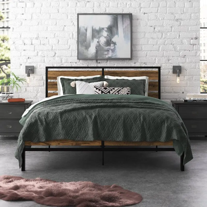 King Queen Size Wrought Iron Adult Platform Bed With Wooden Headboard Modern Metal Beds Frame 5794