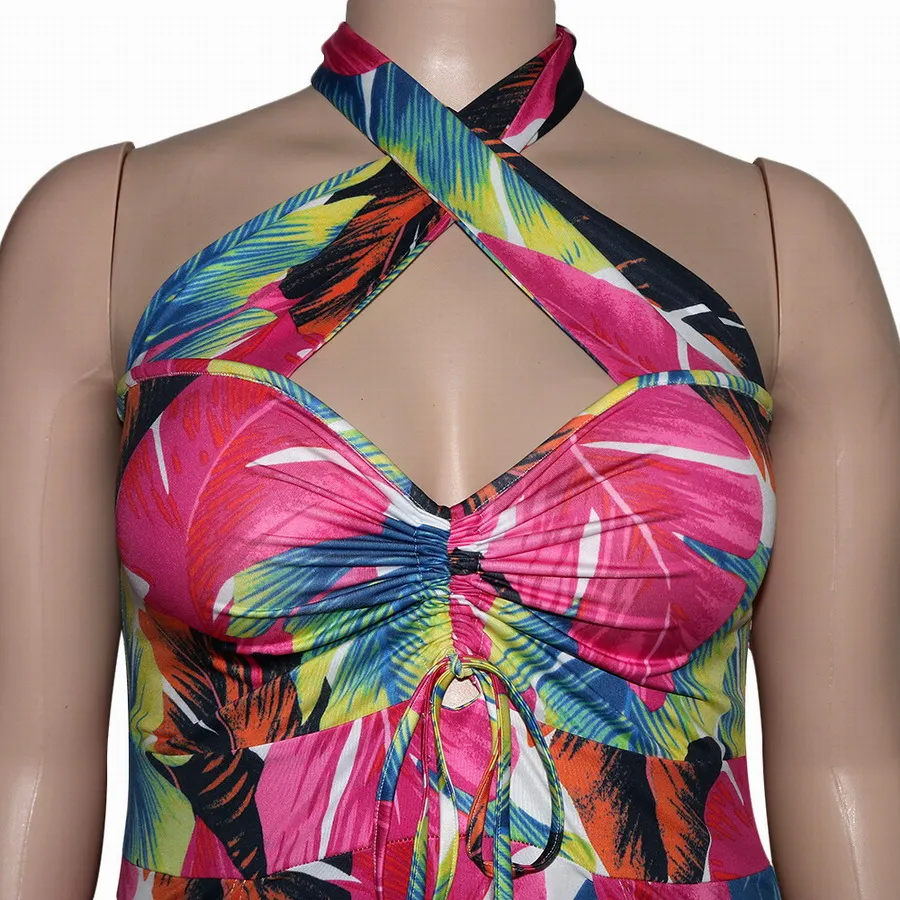 Foma P5075 summer 2021 women dresses S-5XL plus size digital printed sexy halter backless slit long maxi dress