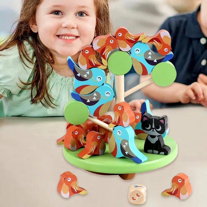 Frühkindliches pädagogisches Holz-Montessori-Blockspielzeug, DIY-Vogelbaum, stapelbare Bausteine, Gleichgewichtsspiel für die Interaktion zwischen Eltern und Kind