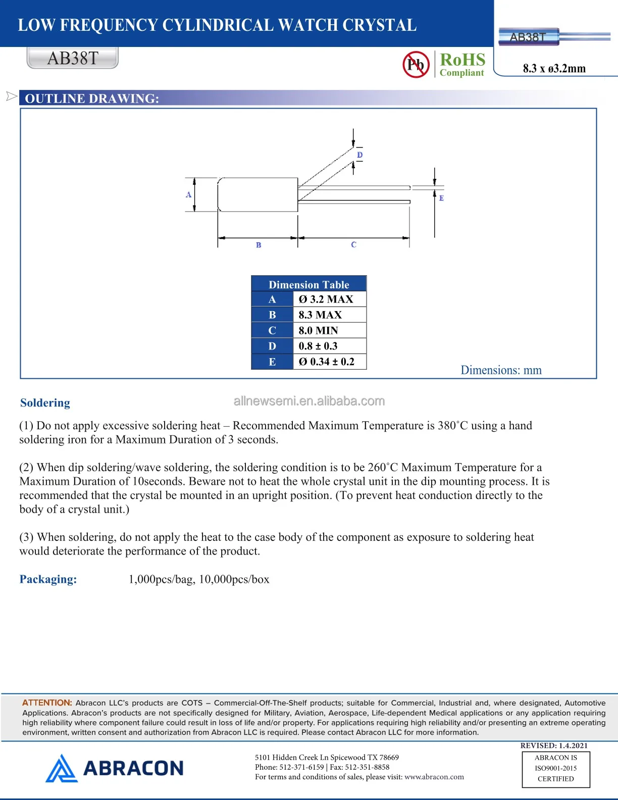 Hot sale Original AB38T-32.768KHZ CRYSTAL 32.7680KHZ 20ppm 12.5pF 30 kOhms Cylindrical Can Radial Through Hole Fundamental