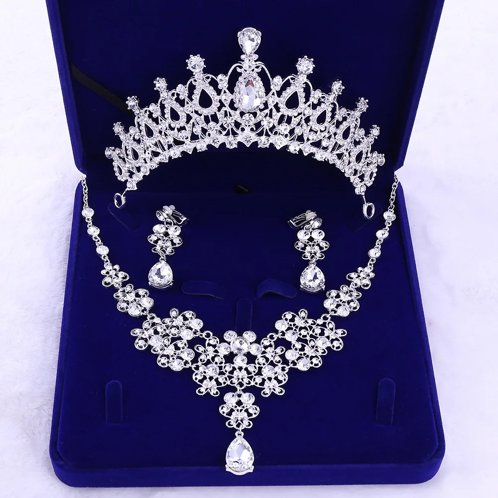 3pc diamond rhinestone tiara necklace earring set Bridal Crown Tiaras Necklace Earrings Rhinestone Diadem Veil  main image 4