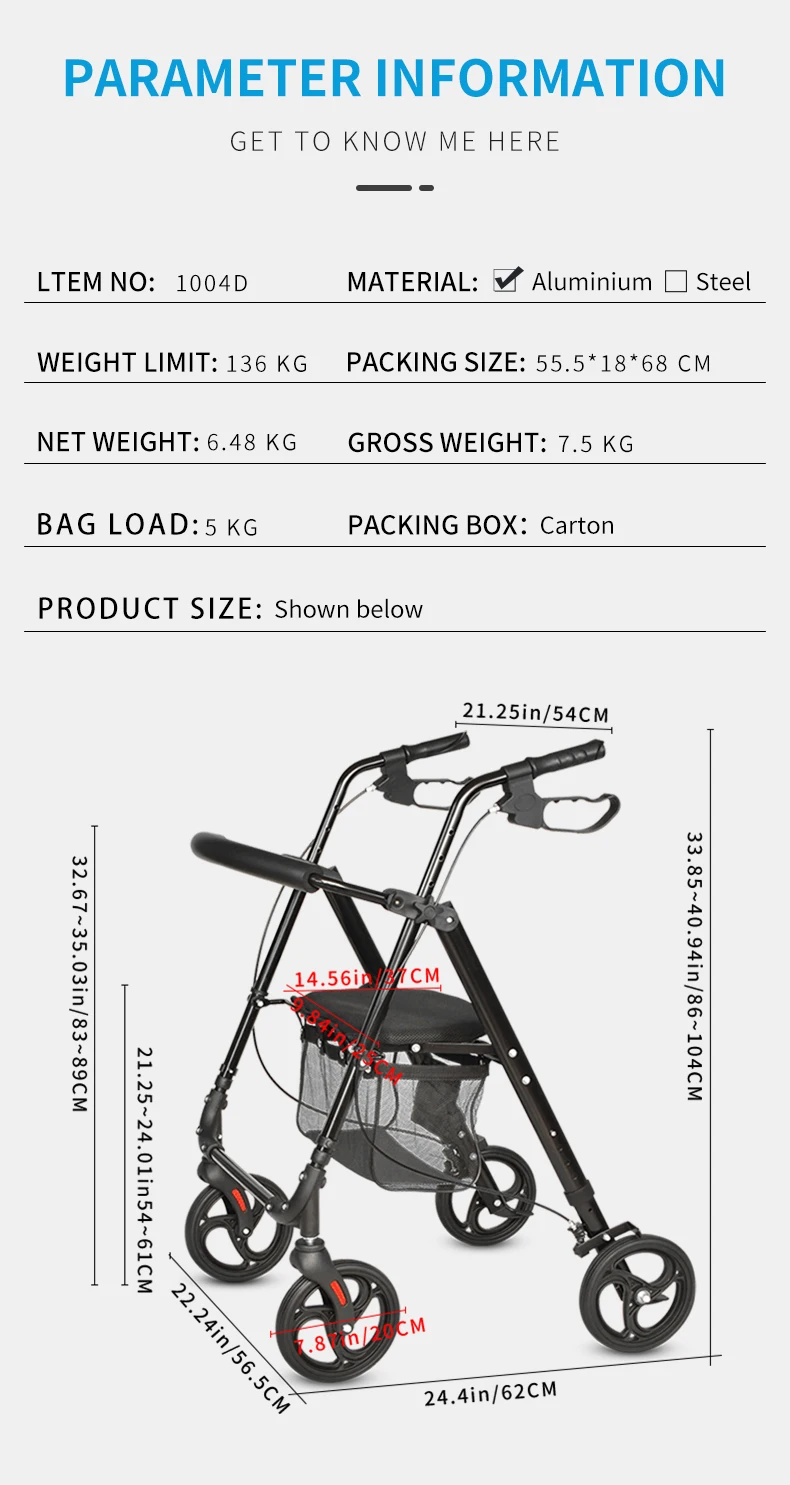 Bq1004d Aluminum Frame Foldable 4 Wheels Rollator For Elderly And