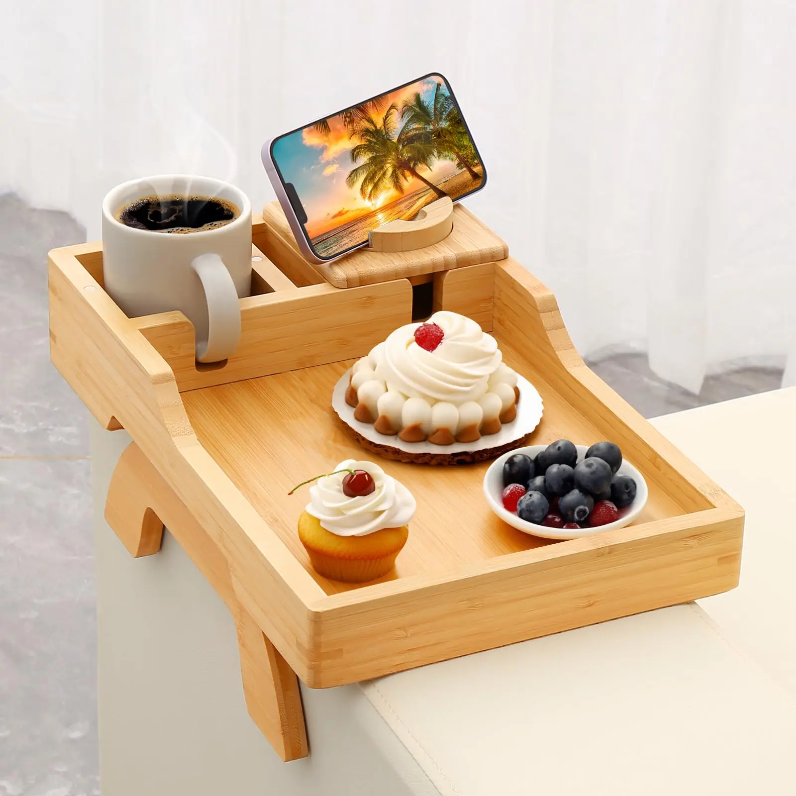 Couch Arm Tray, Multi-Function Folding Sofa Armrest Tray with 360°Rotating Phone&Pad Bracket, TV Tray for Eating and Beverage