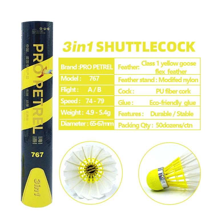 Outdoor Sport 3in1 Hybrid Type Training Shuttlecock Natural Goose Feather Fluorescent Yellow Badminton Shuttlecock Badminton