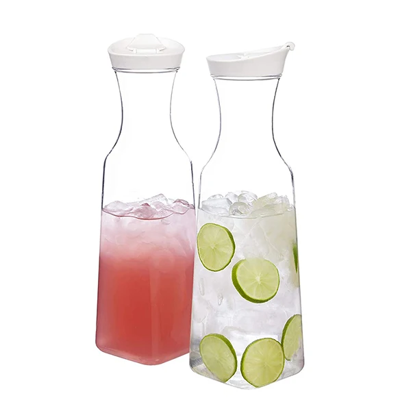 Plastic Juice Carafe with Lids (Set of 4) 50 oz Carafes for Mimosa Bar,  Drink Pitcher with Lid, Water Bottle, Milk Container, Clear Beverage