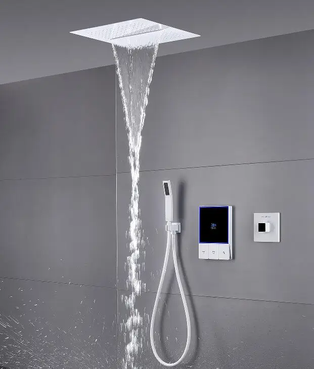 Smart Temperature Display 3 Function Thermostatic White Shower System Set Large Bathroom Waterfall Rain Shower Head