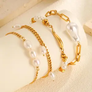 New Arrival 3d Chili Imitation Pearl Beads Chain Bracelets Stainless Steel Gold Plated Adjustable Chain Bracelet