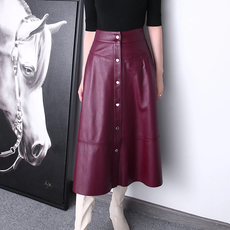 Spring 22 Ladies a Pattern New Fashion Wine Color Long Leather Skirt High Waist Real Leather Skirt With Placket Buttons