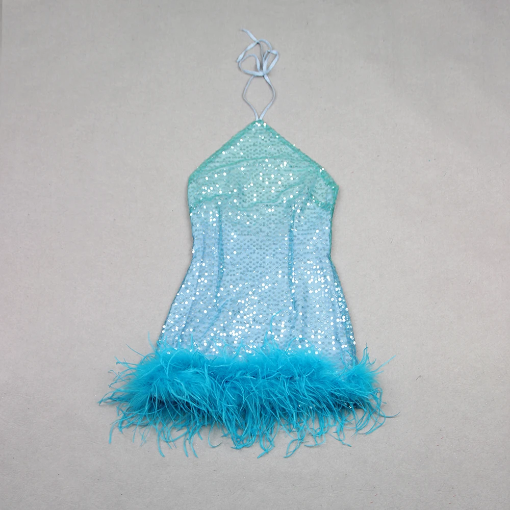 Green Feather Hem Double Breasted Dress main image 1