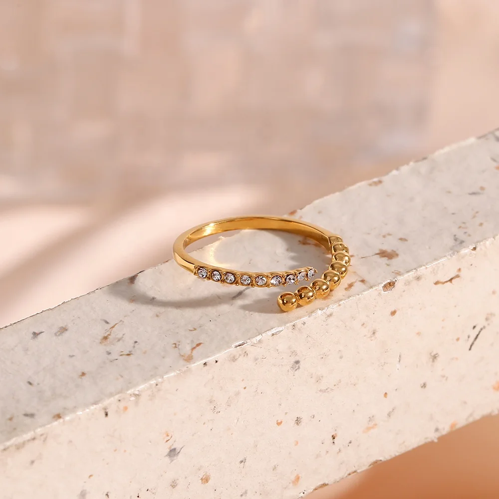 Dainty Adjustable Zircon Bead Rings Jewelry Women Stainless Steel 18k ...