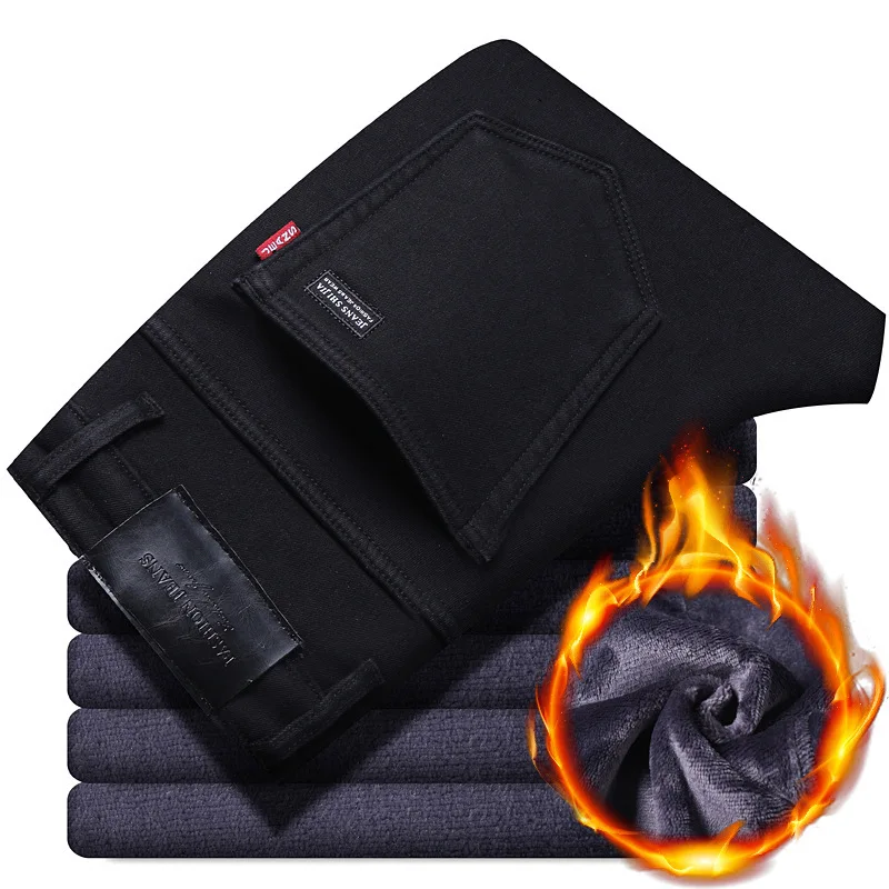 Dropshipping Special Price Men's Fleece-Lined Thickened Straight-Leg Denim Jeans Casual Bleach Wash Mid Waist Fashionable