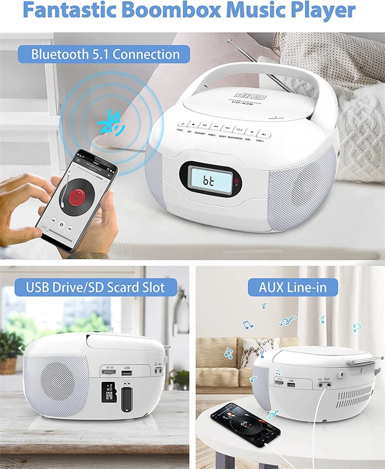 Portable Top Loading CD Boombox with FM Stereo Radio AC/Battery Powered  CD and Cassette Player Combo