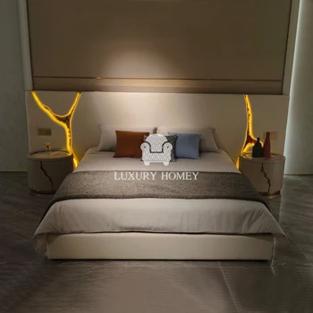 Italian high-end luxury bedroom furniture set designer gold river large headboard modern king size bedroom set