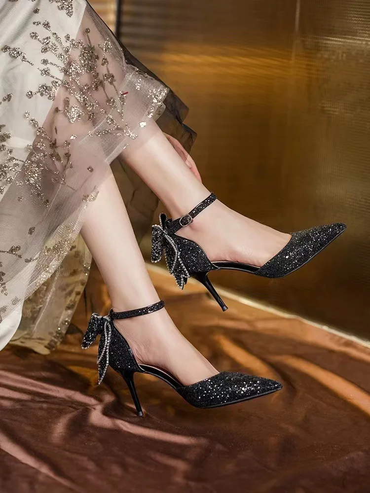 Women's Luxury Bridal High Heel Pumps Shoes Sequined Bowknot Hollow Out Closed Toe Thin aperçu 9