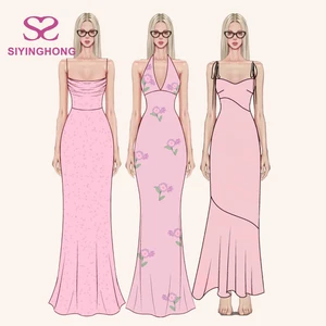 Custom Long Women Dress Silk Halter Tight Style Dresses Manufacture Lady Pink Floral Print Long Dress for Women Daily Party