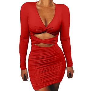 New Design v Neck Hollow Out Long Sleeve Ruched Open Back Sexy Women's Dresses for Parties
