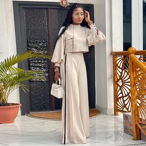 Trendy Fall Outfits for Women Elegant Solid Long Sleeve Pockets Crop Top and Wide Leg Pants Two Piece Set Women Clothing