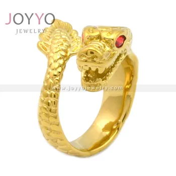 24K Gold Plated Chinese Dragon Pure Gold Ring Ruby Eye Dragon Ring Stainless Steel Wholesale