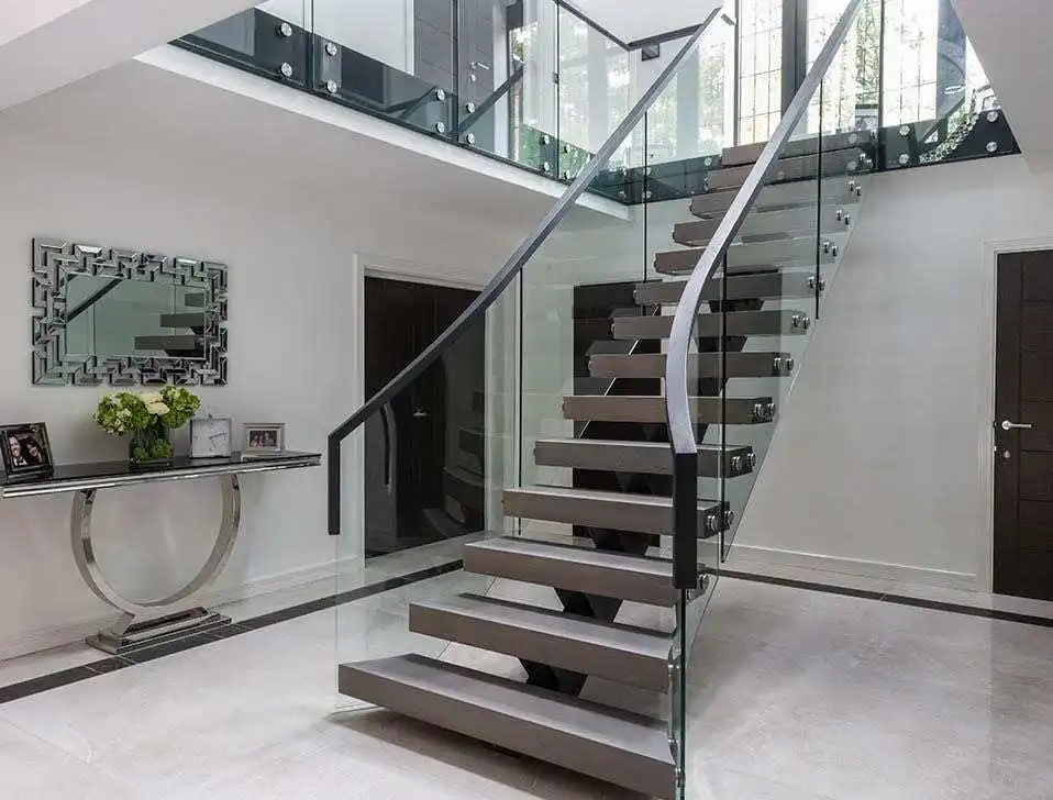 modern indoor standoff glass railing straight stairs with beech wood manufacture