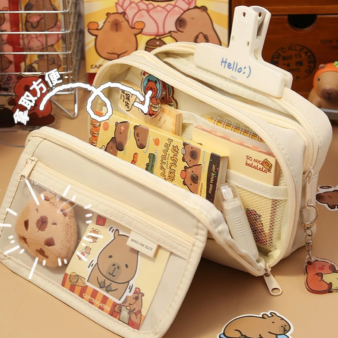 Large Capacity Student Capybara Pencil case Cartoon Comes with Dolls and Stickers Cute Capybara Pencil Set Wholesale