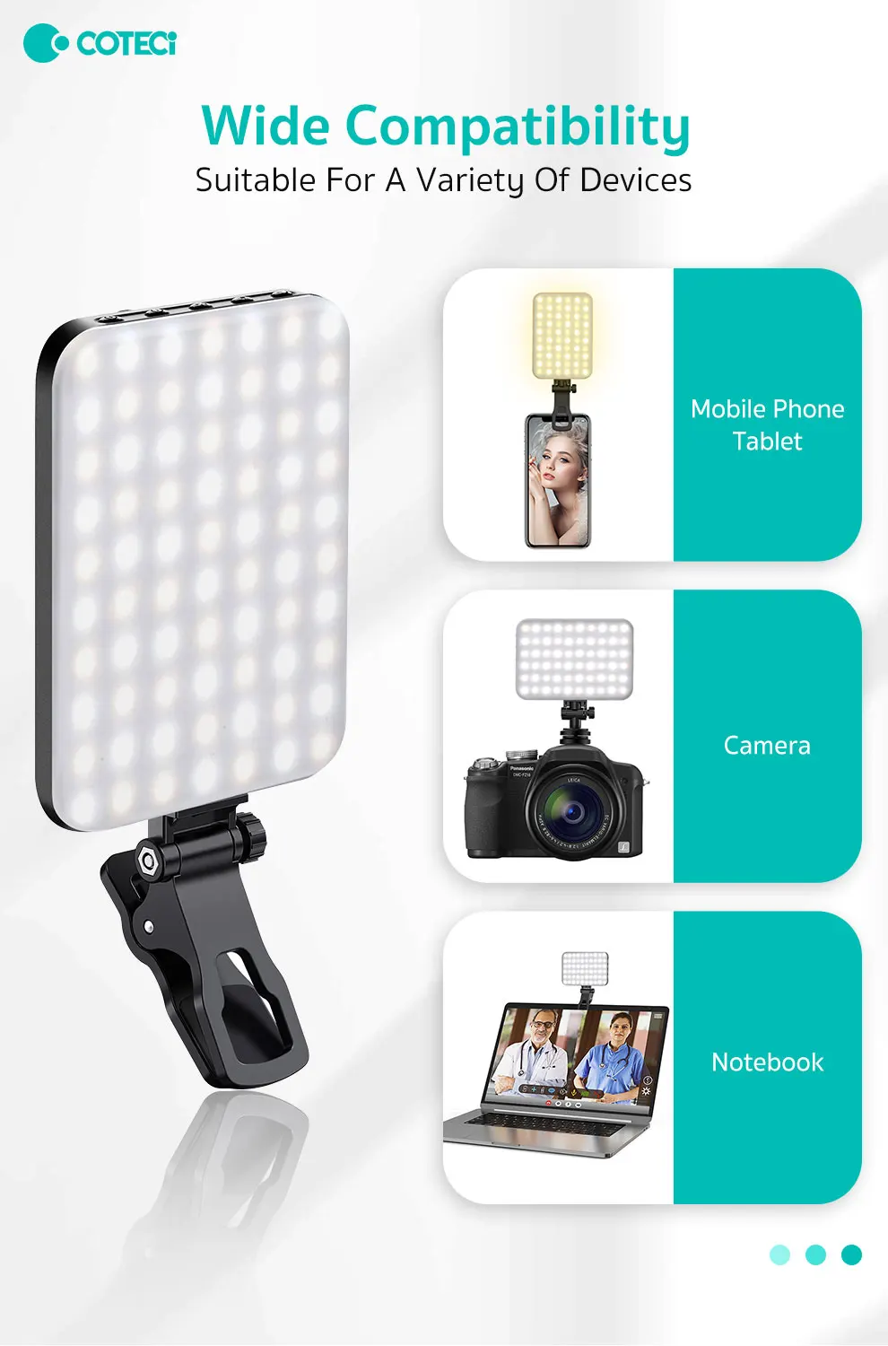COTECi Portable 10 Warm Natural White Tri-Color Aurora Dark Dimming Fill Light for Phone Photography Selfie Source Power-Volta