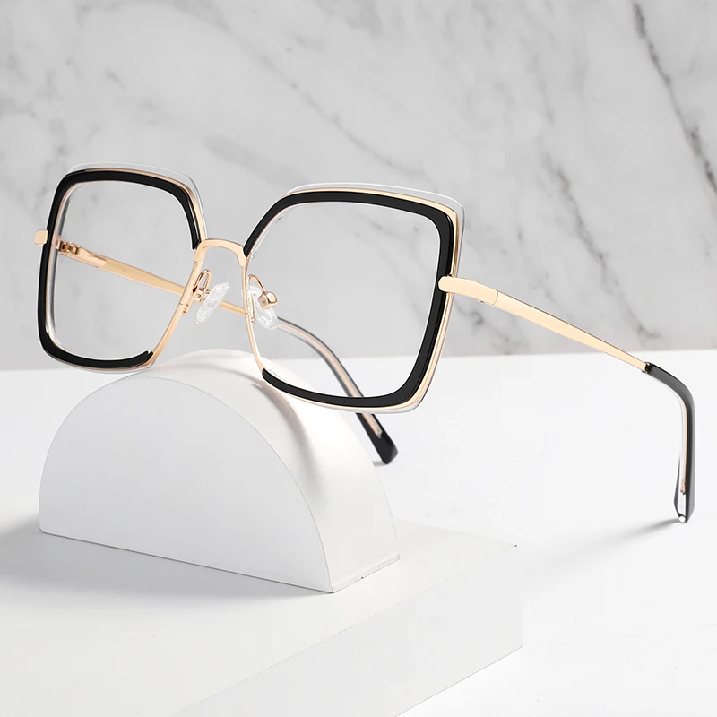 Trendy high end women acetate metal glasses frames square oversized eyewear slim anti blue light eyeglasses frames