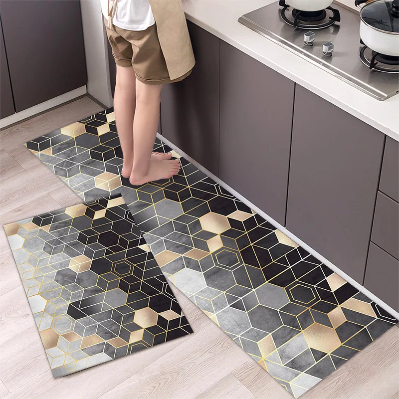 3D Printed Geometric 2pc water absorbent anti fatigue hard long kitchen mat  sets