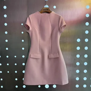 Factory Wholesale Spring Summer New Mini Dress Women Cross-Border for Europe US Short Sleeve Solid High Waist Fashion Dress