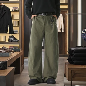 Autumn Fashion Brand Men's Straight Casual Pants Mid Retro Text Denim Washed Loose Profile Pleated Long Pants Side Split