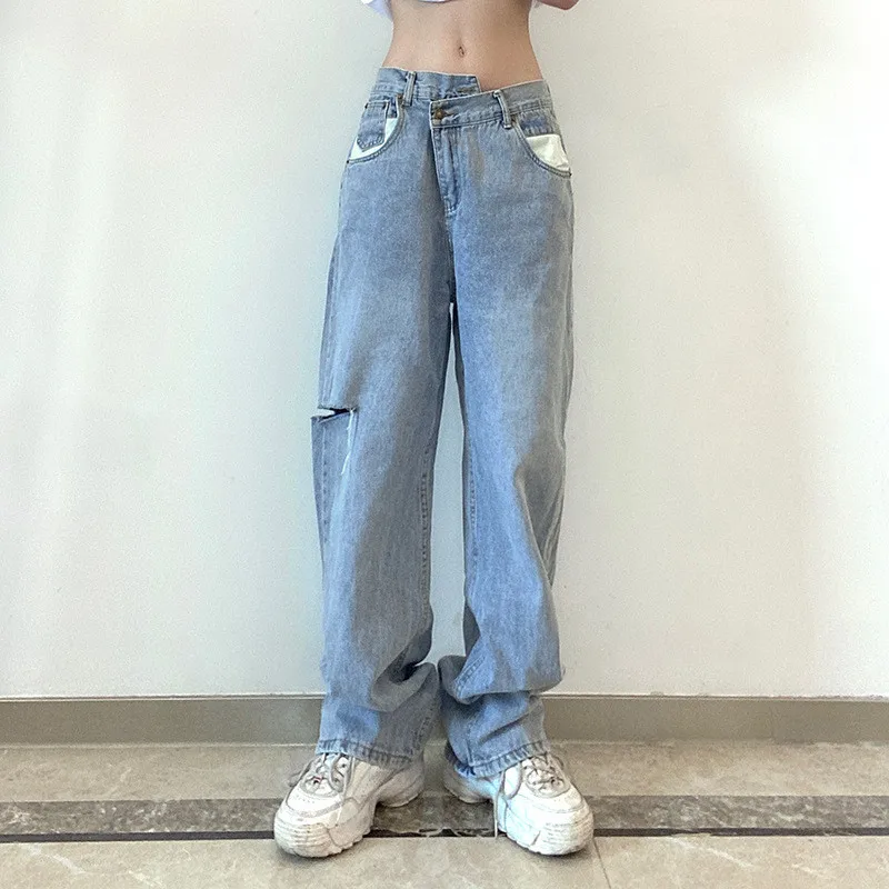 Las mujeres de moda al por mayor jeans de mezclilla pantalones de cintura  alta Color sólido directamente de los pantalones vaqueros sueltos casual -  China La mujer jeans y pantalones de mezclilla