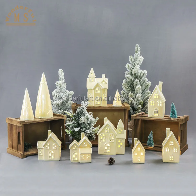 Ceramic Christmas Candle Holder Group with Farm House Tree bear plante and other firugine ornament for your seasoning holiday
