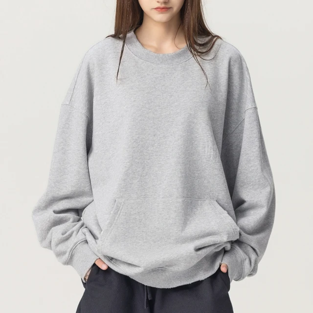 Custom Women's Heavyweight Fleece Sweatshirt 420G Round Neck Distressed Pullover with Pocket OEM ODM Wholesale Supplier