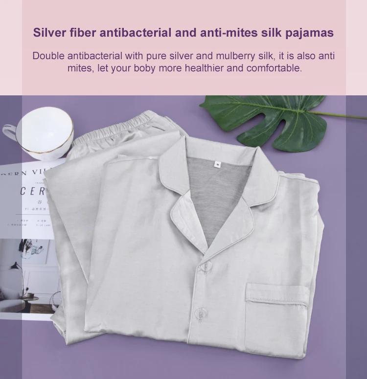 Custom logo soft double anti-microbial mulberry silk sleepwear pure silver fiber men pajamas