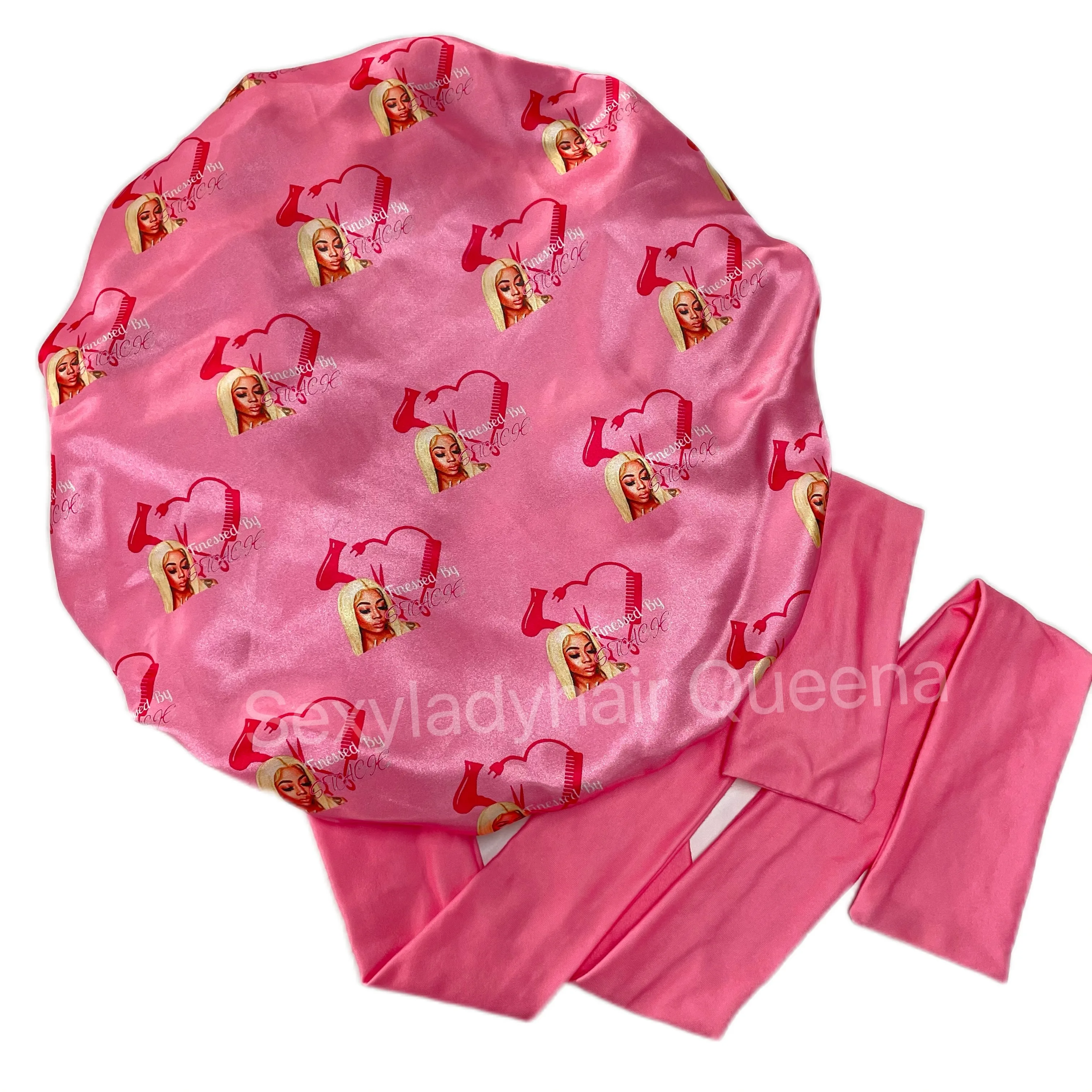 Custom Own Brand Designer Bonnet With  Stretch Tie Band Satin Head Wrap Long Braid Hair Bonnets