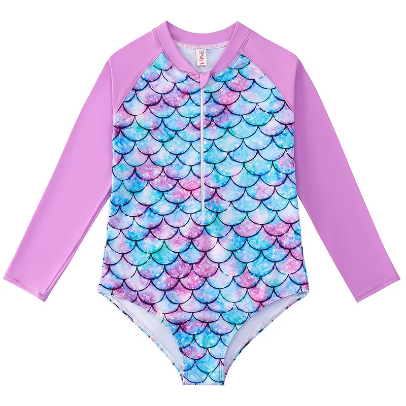 kids girl custom made sublimation rash guard Zipper polyester UV 50+ Bathing Suits one-piece swimsuit factory