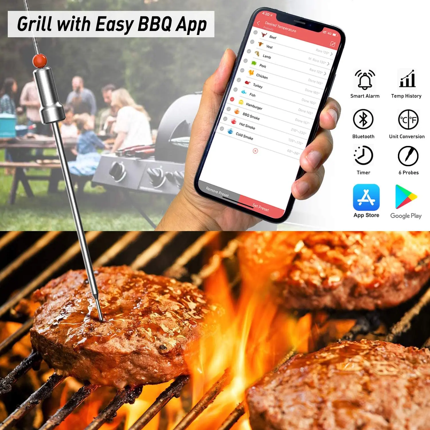 Tenergy Solis Digital Meat Thermometer, App Controlled Wireless Bluetooth Smart BBQ Thermometer with 6 Stainless Steel Probes